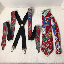 Company B Red Christmas Suspenders  Necktie Christmas Set Stamps Santa Holidays