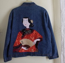 Chico's Sz 3 Xl Modligiani Gesiha Asian Art-to-wear Denim Jacket Amazing