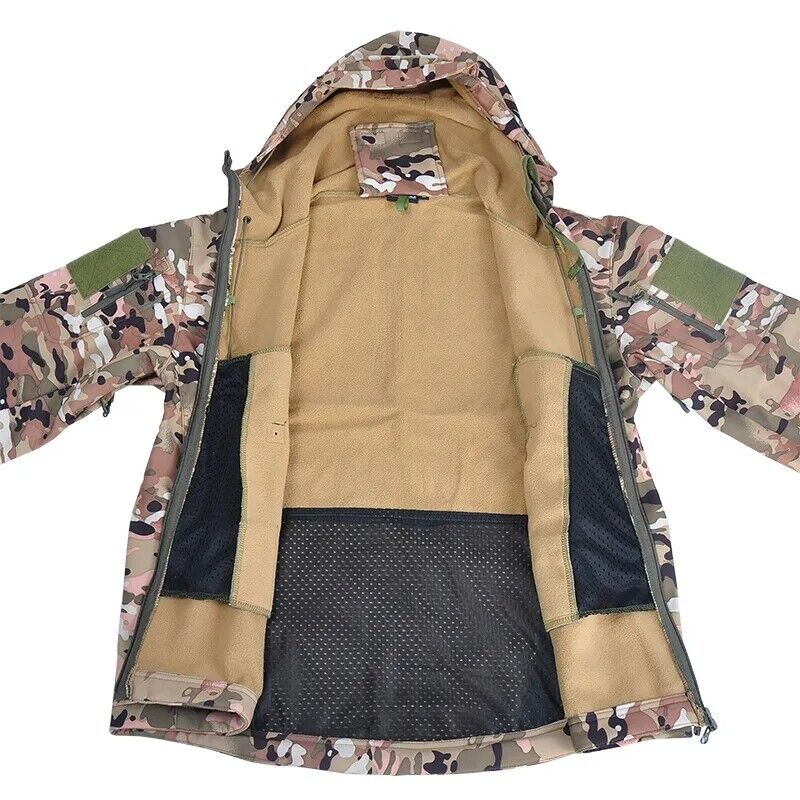 Waterproof Soft Shell Jacket Mens Military Tactical Windproof Hooded Hiking  Camo