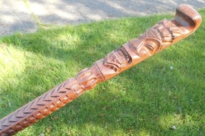 Hawaiian TIKI Totem Wood Walking Stick Cane 38" Hand Carved Decorative Vintage