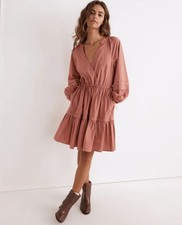 Madewell Crinkle Poplin Wrap Mini Dress XL Dusty Rose Pink Do Well Tiered Boho