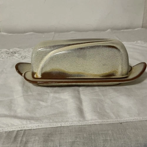 Vtg Frankoma Pottery Covered Butter Dish Plainsman Brown Beige Lazybones-4K