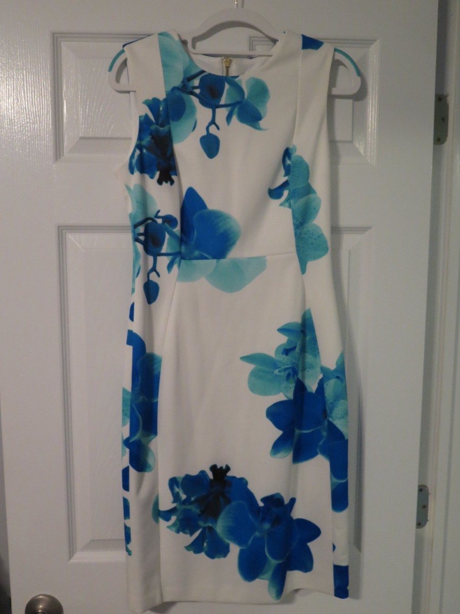 calvin klein white dress with blue flowers Mets 