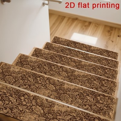 Retro Brown Floral Pattern 2D Flat Stair Mat, Non-Slip Step Mat + Protective C