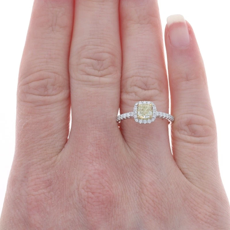 White Gold Fancy Yellow Diamond Halo Engagement Ring - 18k Square Cushion .85ctw - Image 2 of 4