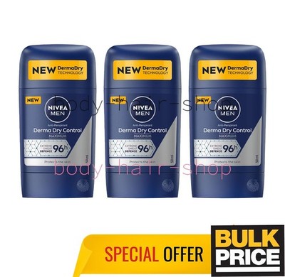 Nivea Men Derma Dry Control Stick Deodorant 96H Sweat Odor Max Protection 3-Pack
