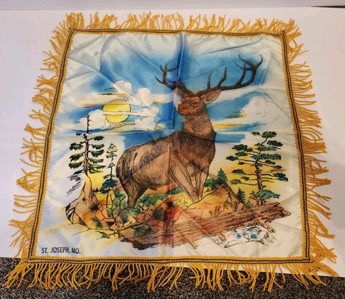 Souvenir St Joseph MO vtg pillow case fringe deer 17" cover hand colored