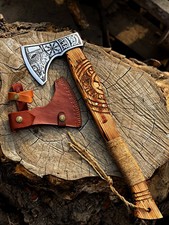 Hand Forged Viking Axe, Carved Wood Handle, Leather Sheath.