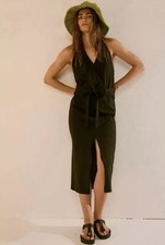 Nuevo con etiquetas Vestido Halter Free People Randi Midi Espalda Abierta 100% Algodón Negro Talla XL $78 f5