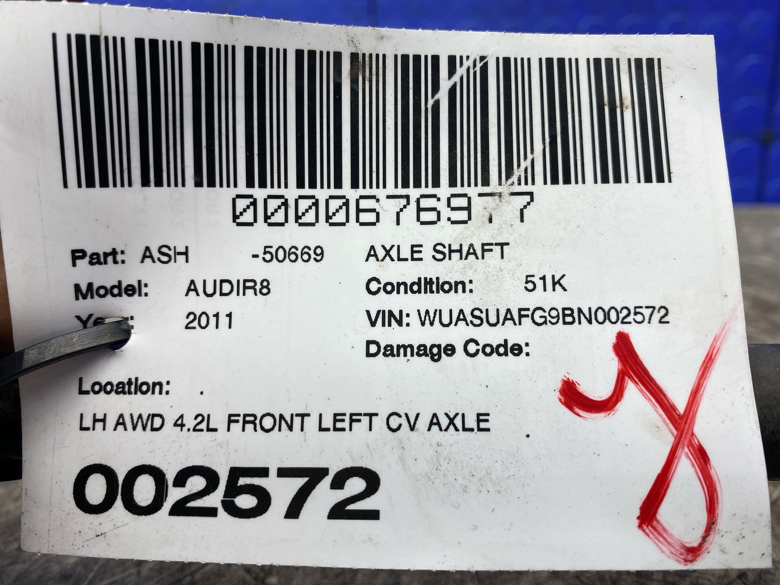 2008-2015 AUDI R8 AWD 4.2L FRONT LEFT CV AXLE SHAFT OEM
