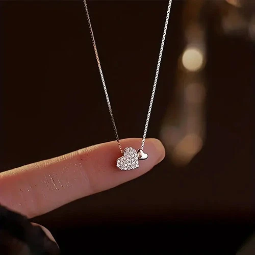 Double Heart Pendant Necklace Women Silver Tone Minimalist Mom Wife Gift - product listing photo
