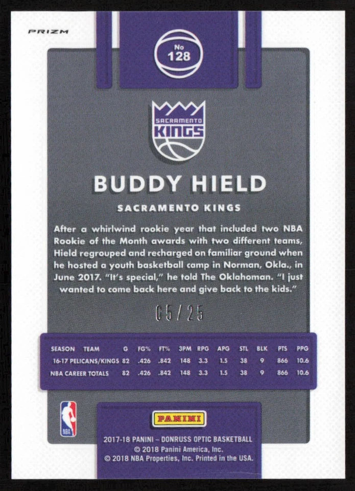 2017-18 Donruss Optic Pink #/25 Buddy Hield #128 Sacramento Kings - Image 2 of 2