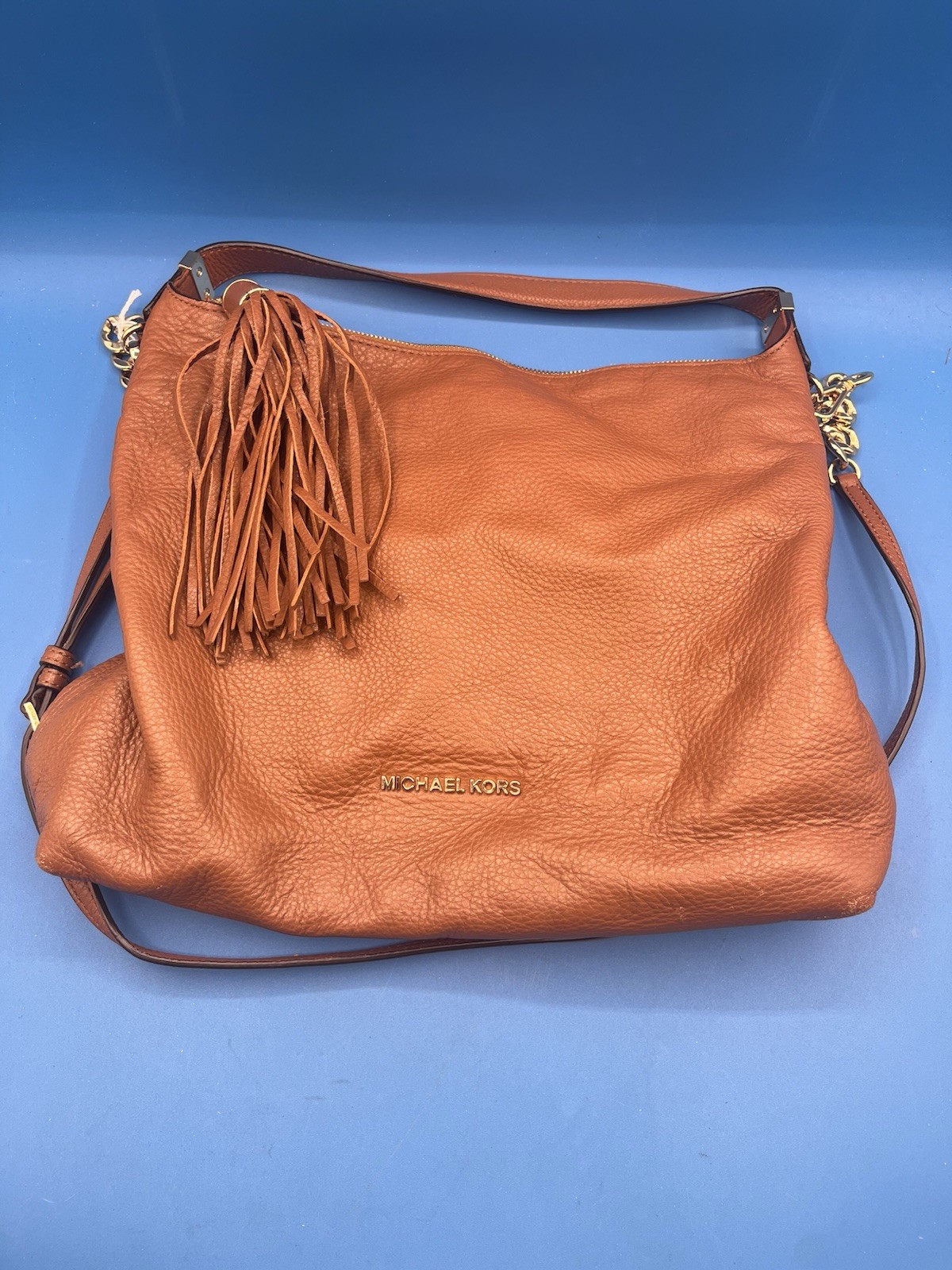 Michael Kors Weston Soft Pebbled Leather Purse Bag Gold Tone Amber Brown