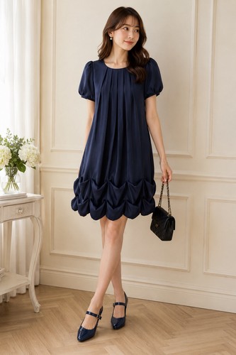 LAISSE PASSE Navy Bubble Hem Puff Sleeve Dress Size 36 Japanese Coquette