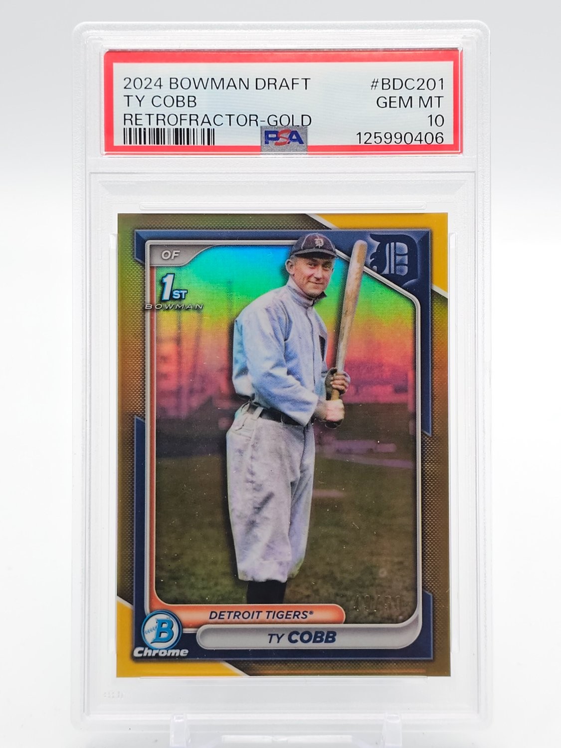TY COBB 2024 BOWMAN DRAFT CHROME 1ST GOLD RETROFRACTOR /50 PSA 10 GEM Q0M-648 view 1
