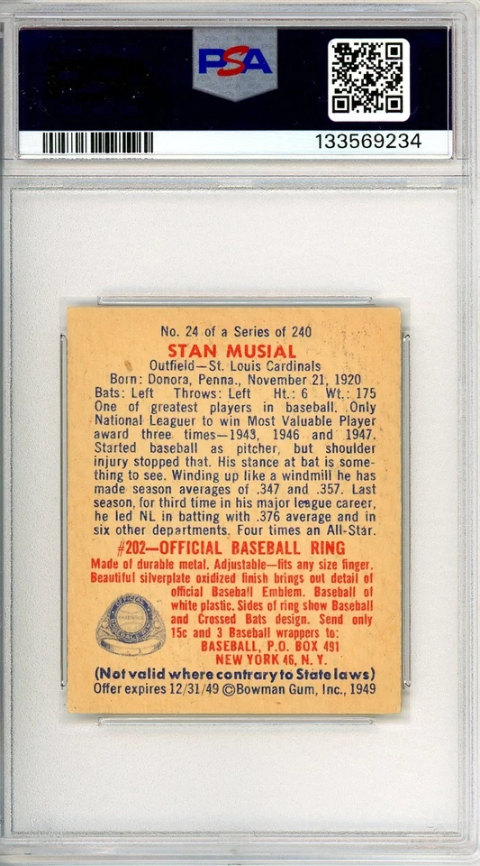 1949 Bowman STAN MUSIAL RC #24 PSA Grade 5 EX-Cond "Under-Graded No Reserve" - Image 2 of 2