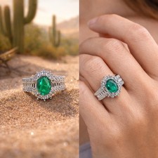 925 Sterling Silver Oval Green Emerald CZ Cocktail Ring Hand Finished Adjustable
