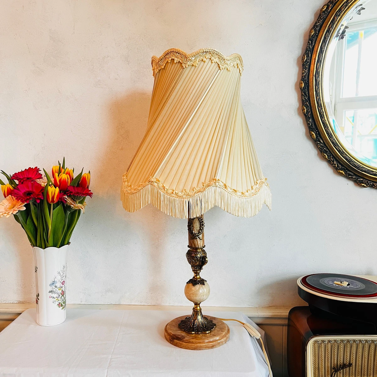 Italian Marble Lamp Tall Table Lamp Lampshade Edges with Fringes Rare find