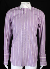 TOM FORD Purple  White Striped Cotton French Cuff Men's Dress Shirt 38 15