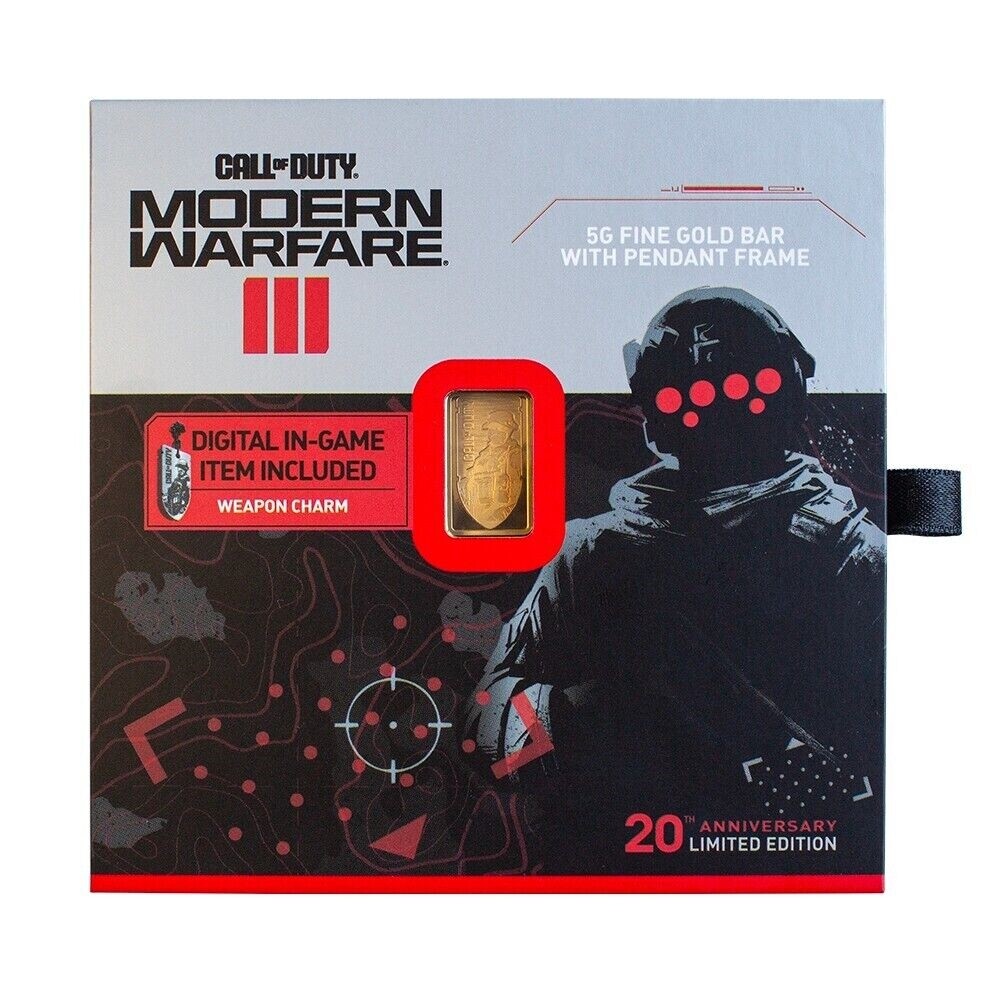 5g PAMP gold bar with red frame, Call of Duty Modern Warfare III 20th anniversary box, and digital weapon charm.