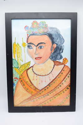 Unknown Artist Framed Artwork Watercolor Painting of Frida Kahlo Picasso Style