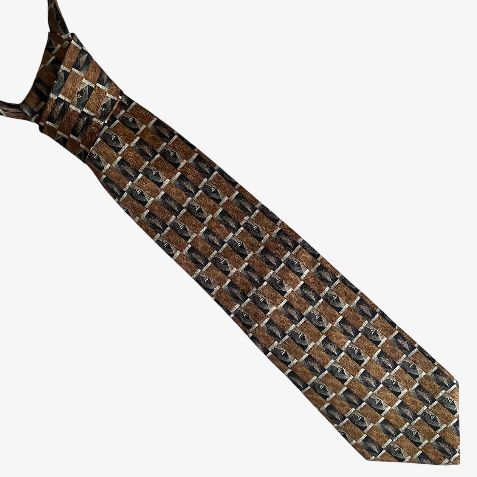 Vintage 90s Van Heusen Geometric Brown & Grey Print Silk Tie, Retro Art Deco