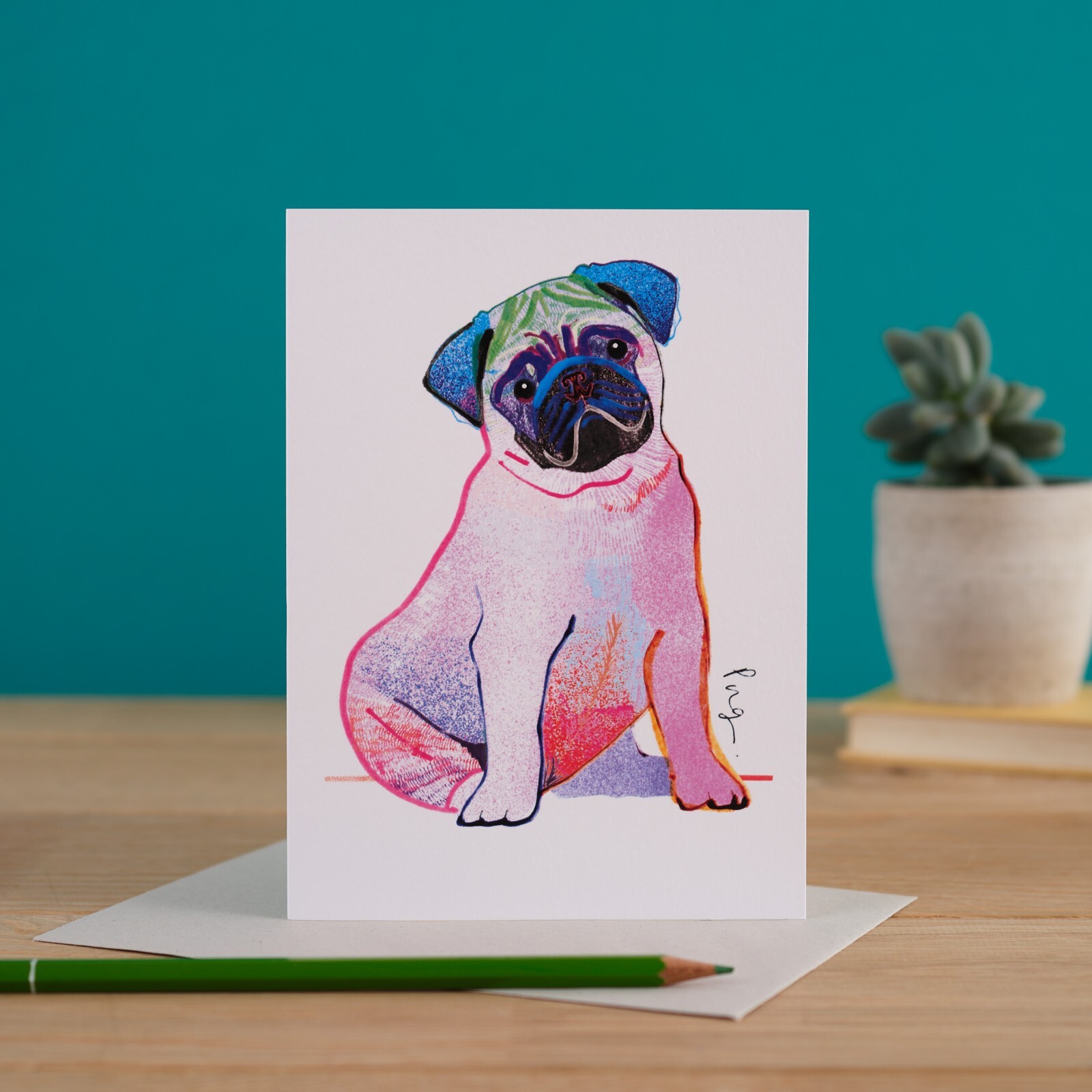 Blank Card Colourful Pug - Mixed Media Dog Breed Artwork