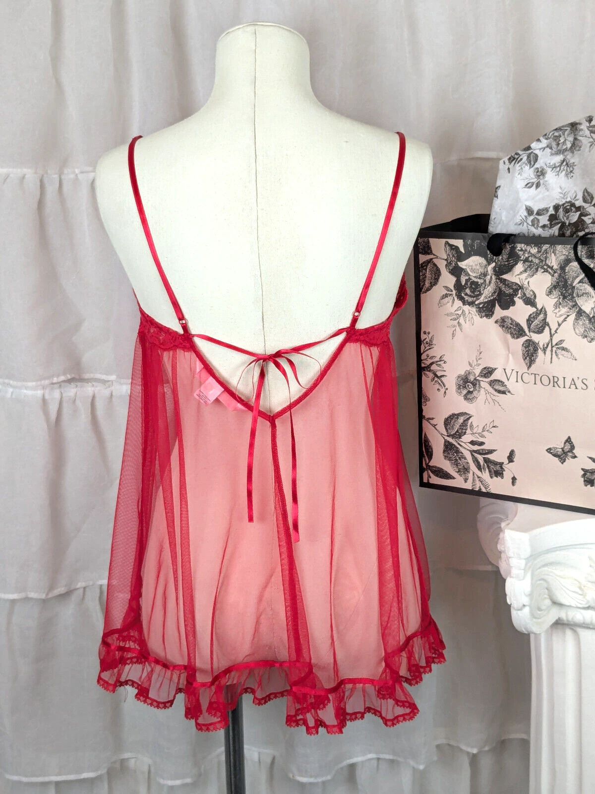 UNDERCOVER VICTORIA'S SECRET Vintage Y2K Rosso Pizzo Babydoll Vestito Slip Chiffon Trasparente Taglia M