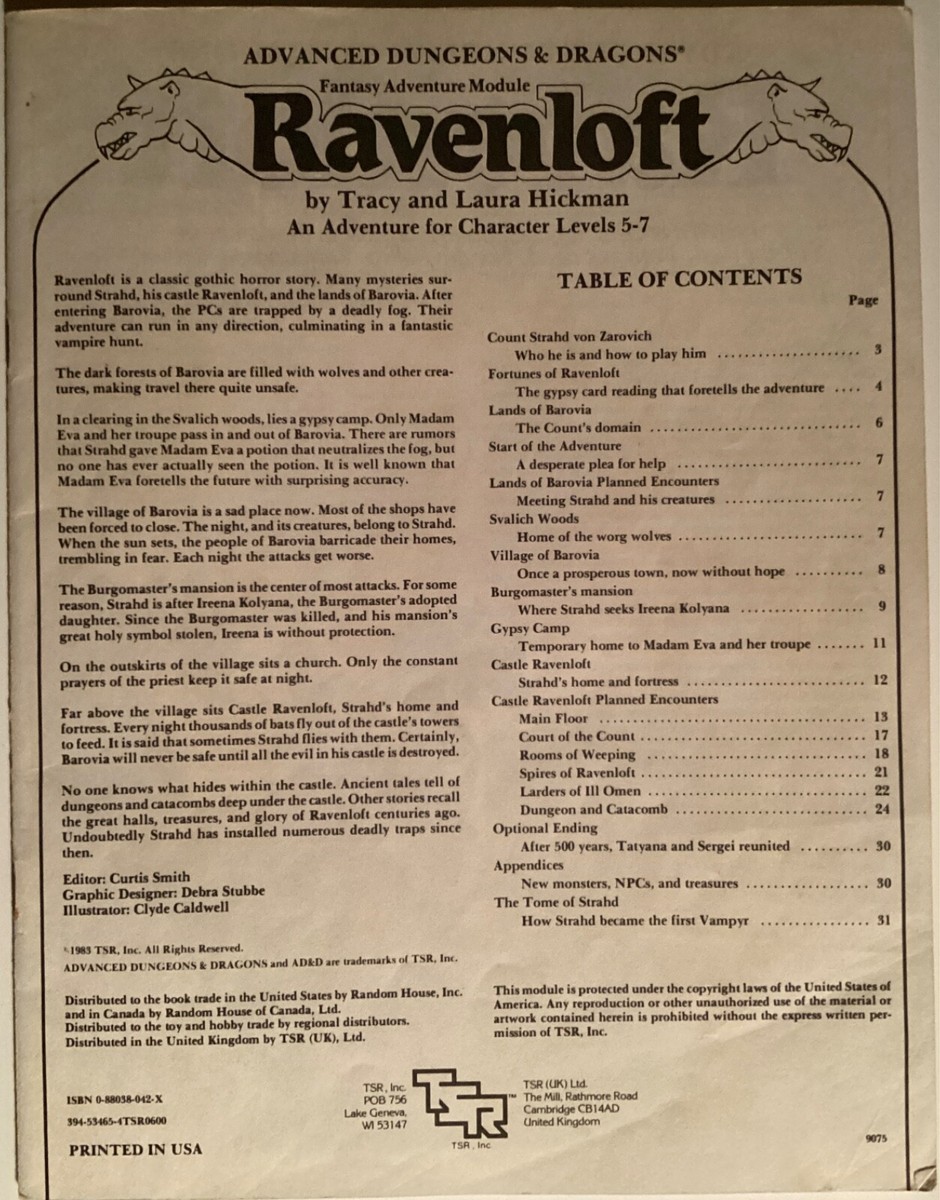 Advanced Dungeons & Dragons 1st I6 Ravenloft module VERY GOOD TSR