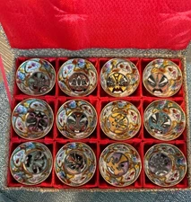 VTG Chinese Opera Mask Porcelain Tea Sake Cups in Original Box Set of 12 hand pa