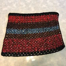 Handmade Rectangle Primitive Rag Rug Crocheted 34" X 28" Red Black Blue 