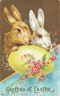 c1910 Rabbits Huge Yellow Egg Pink Flowers Embossed Easter P360