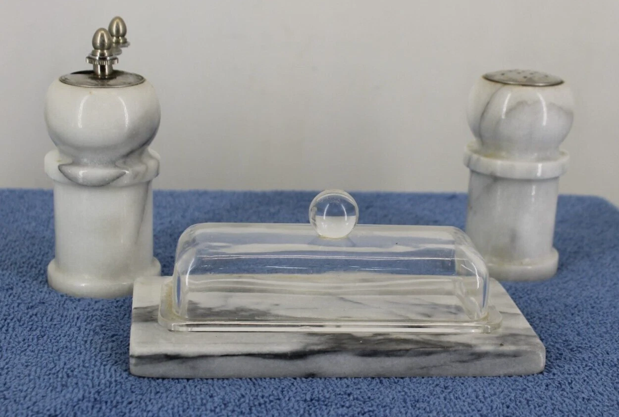 MARBLE 3 PIECE SALT & PEPPER GRINDER BUTTER TRAY WHITE & GREY MARBLE