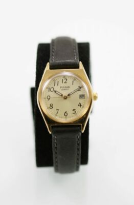 Pulsar Damen Uhr Edelstahl Gold Leder Schwarz Batterie Wasserfest Datum Quarz