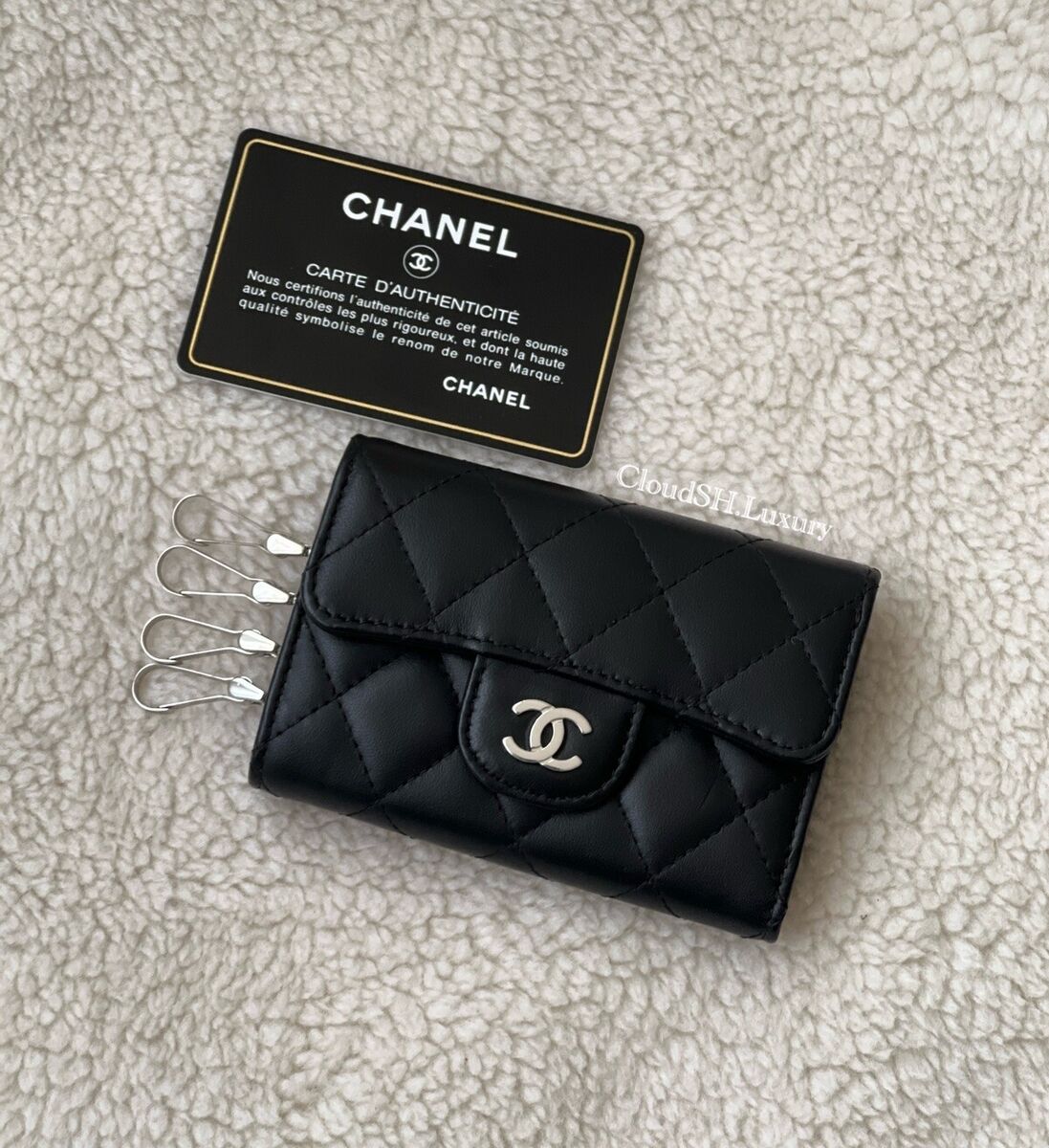 Auth Chanel Classic Flap Black Lambskin 4 Ring Key Holder w Auth Chanel Classic Flap Black Lambskin 4 Ring Key Holder w