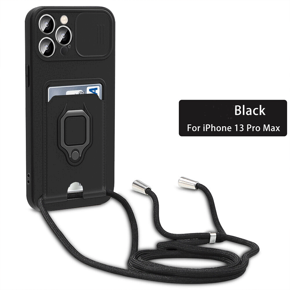 Shockproof Slim Stand Case with Card Slot & Lanyard for iPhone 14 13 12 11 Pro Max