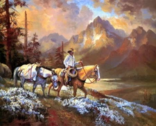 Canvas Print Cowboy in the valley Landscape Oil painting Printed on canvas P056