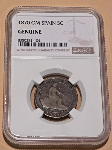1870 OM Spain 5 Centimos - NGC Genuine - Bronze Seated Hispania Coin