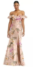 Alfred Sung Butterfly Botanica Pink Sand Off Shoulder Ruffle Gown $239 Size 4