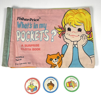 Vintage 1971 Girls Fisher Price What's In My Pocket Soft Cloth Book #179 3 Coins