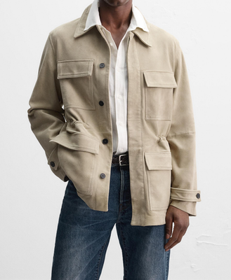 Zara Limited Edition 100% Suede Leather Pocket Parka Beige Size XL