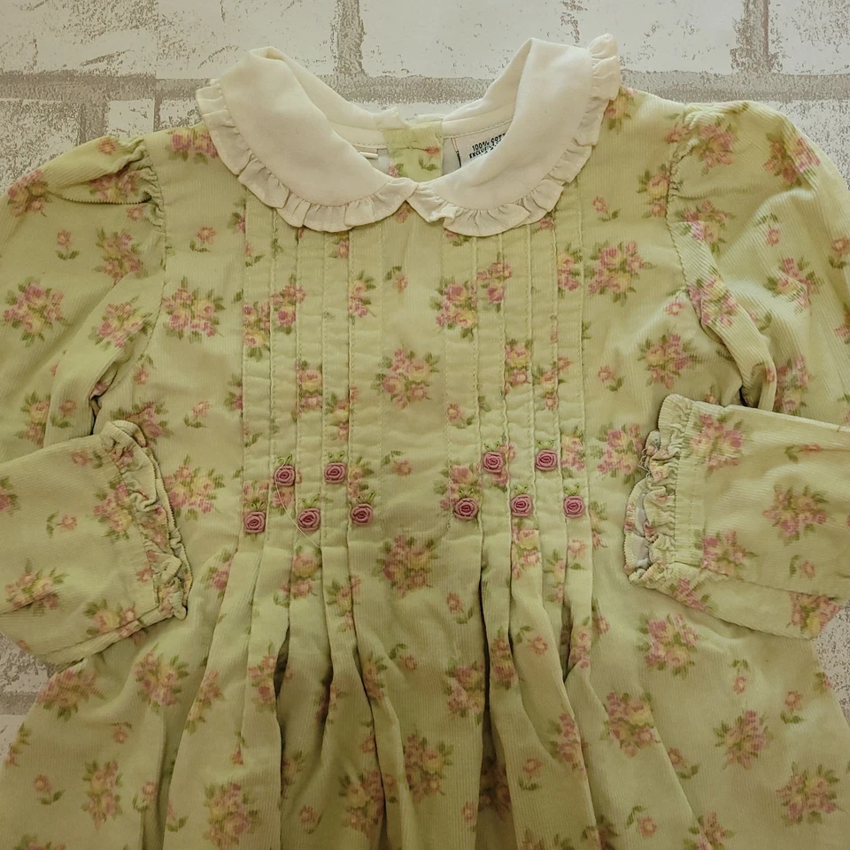 Vestido Laura Ashley Niño Pequeño 3T Verde Rosa Floral Pana Cottagecore Tea Party Foto 3 de 4