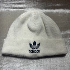 Adidas Hat Beanie Mens One Size White Knit Stretch Trefoil Logo Winter Casual