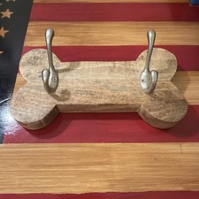 Rustic Bone Shaped Wood Wall Mount 2 Hook Dog Leash White Wash Brown Wood