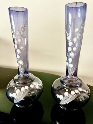 Pair of  Victorian Amethyst Blown Glass Vases  Hand Painted Lily Of The Valley