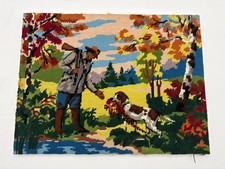 Quadro MEZZO PUNTO vintage SCENA DI CACCIA di cacciatore con cane 37x49 cm