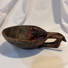 VTG African Hand Carved Wooden Bowl Giraffe Drinking Handle Dish