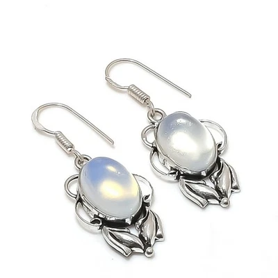 Boucles d'oreilles pierre précieuse forme ovale opale laiteuse fait main... - Photo 1/4