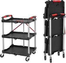 Foldable Utility Service Cart, 3 Shelf Heavy Duty Plastic Rolling Cart with 360 