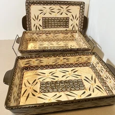 Temptations Old World Brown/Cream Serving Tray~Baking Dish w/ Carrier Set Of 2